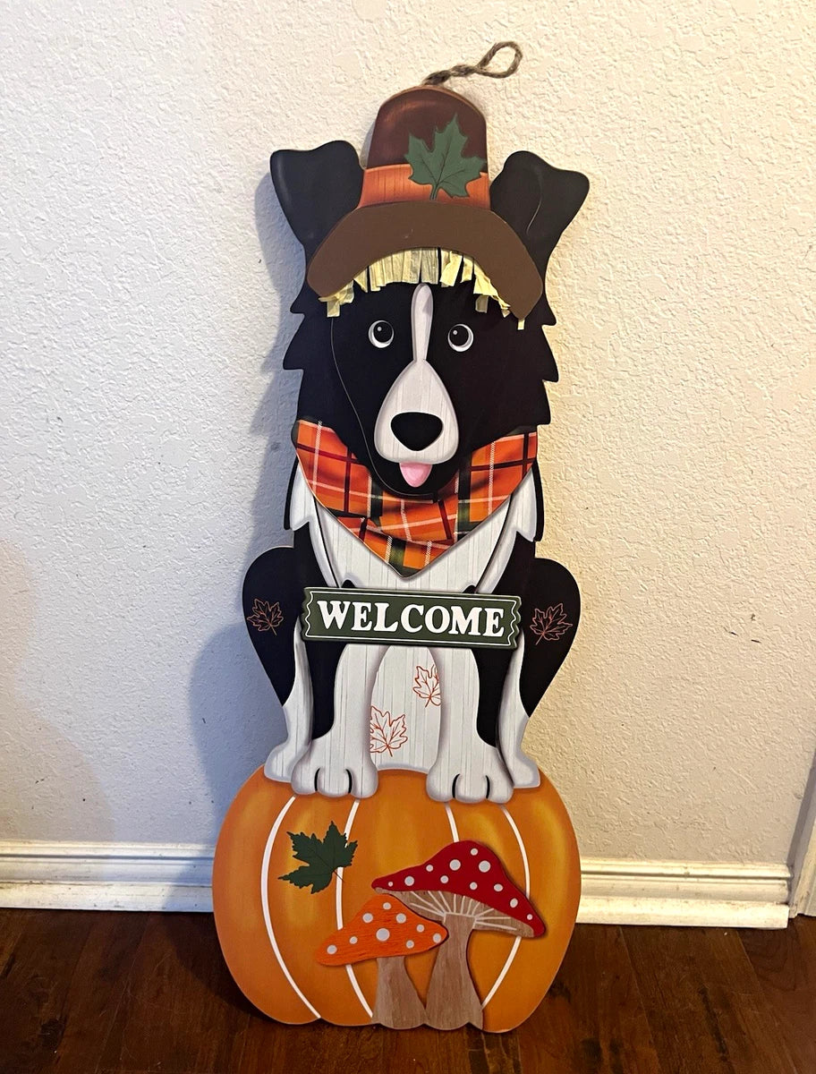 Fall Border Collie Dog & Pumpkin “WELCOME” Wooden Door Sign