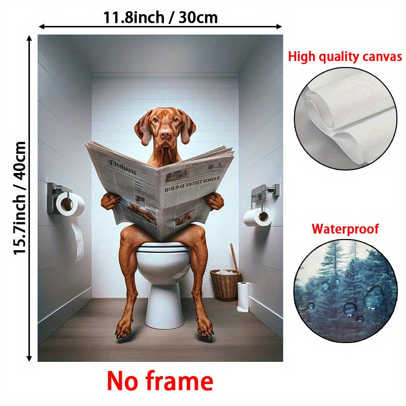 Funny Vizsla Dog on Toilet Reading Newspaper Frameless Canvas Print