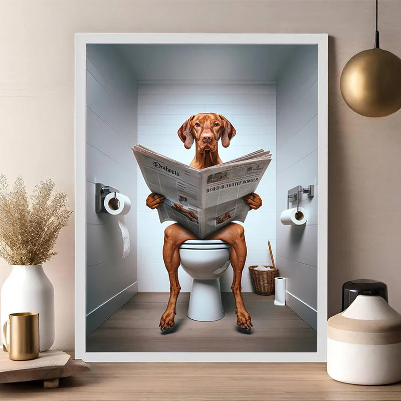Funny Vizsla Dog on Toilet Reading Newspaper Frameless Canvas Print