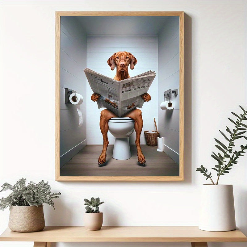 Funny Vizsla Dog on Toilet Reading Newspaper Frameless Canvas Print